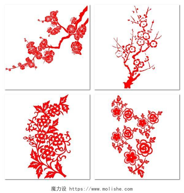 红色花朵花纹梅花剪纸树枝png素材